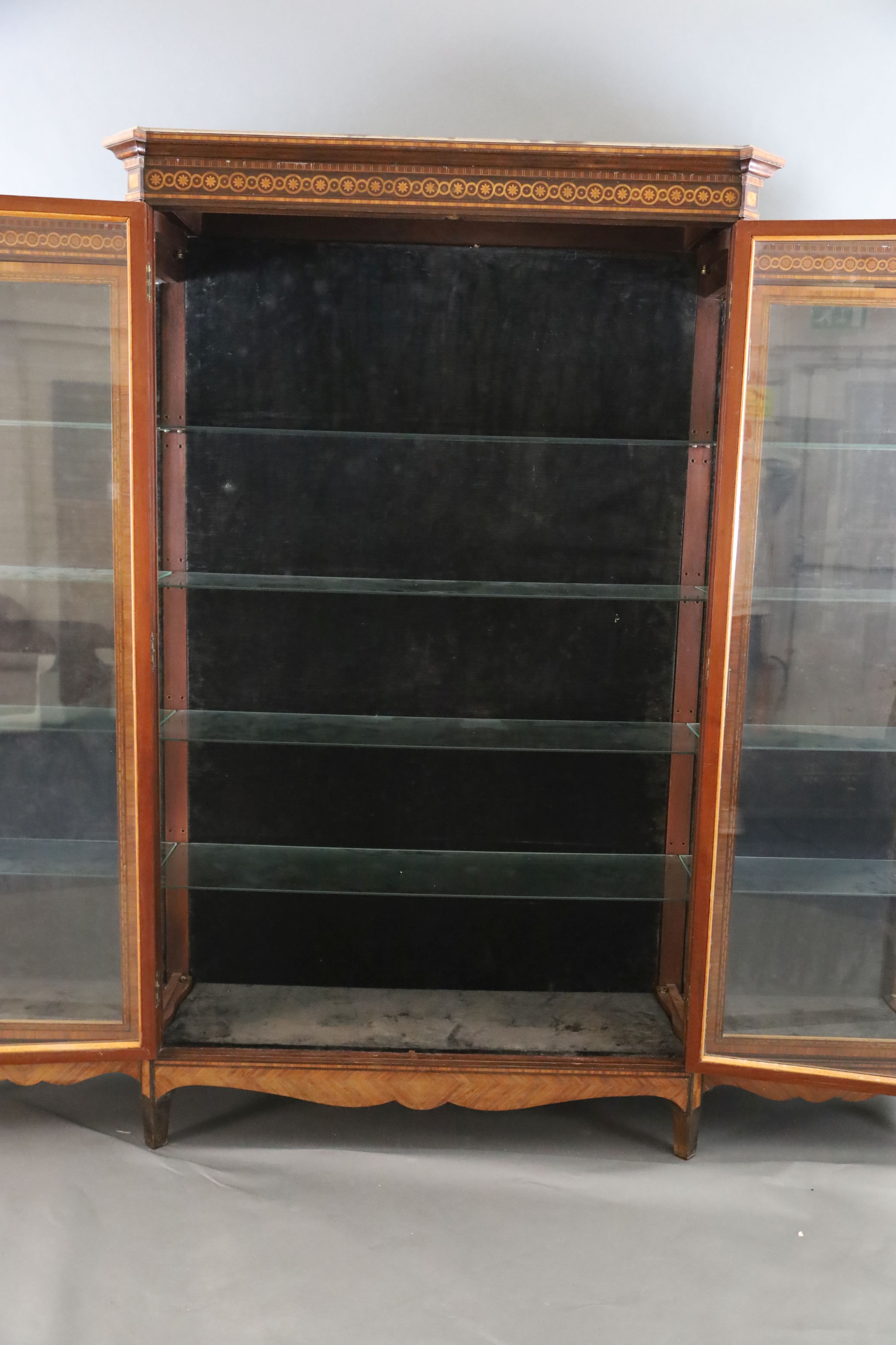 A large 19th century French Louis Philippe period kingwood and marquetry vitrine, W.8ft 4in. D.1ft 5in. H.7ft 4in.